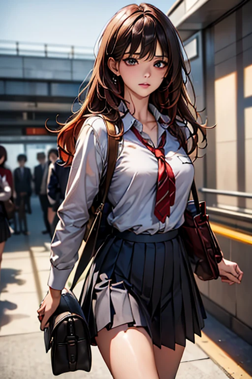 ((Highest quality)),(超High resolution),(Very detailed),(Detailed Description),((The best CG)),(masterpiece),Ultra-detailed art、(Highest quality、8k、32K、masterpiece)、(Realistic)、(Realistic:1.2)、(High resolution)、Very detailed、Very beautiful face and eyes、1 female、Tight waist、Delicate body、(Highest quality、Attention to detail、Rich skin detail)、(Highest quality、8k、Oil paints:1.2)、Very detailed、(Realistic、Realistic:1.37)、Bright coloredium length hair with loose waves、The bangs are straight and fall on the forehead、Red hair))、 Light skin tone、Smooth and healthy skin、
""tops:
Navy blue sweater(V-neck)
White shirt, navy and red striped tie, bottoms:
Grey pleated skirt(5cm above knee)
accessories:
Pearl EarringsThin BraceletsShoes:
Brown loafer detail:
Red lines on sweater cuffs and hem, embroidered background on shirt collar: School corridor、((Commuting to school:1.6))、Or summer nature scenery""