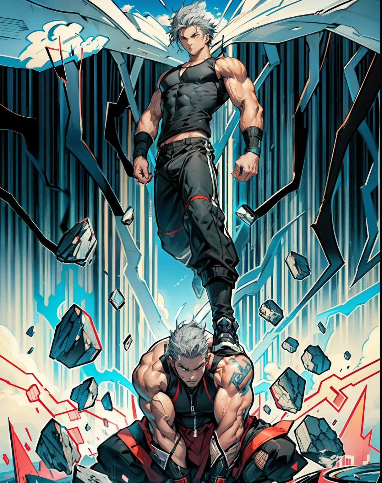 boys 26 Years old, Serious face, ((black singlets)), black pants, gray hair, floating on air, levitate on sky, blue sky, cloud