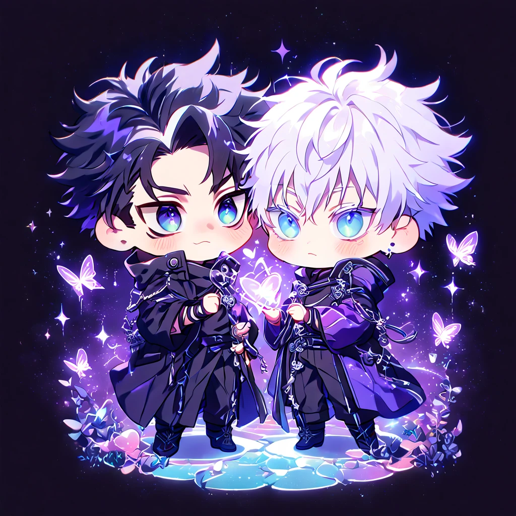 absurdres, highres, ultra detailed, HDR, master piece, best quality, Gojou Satoru chibi, white hair, expressive blue eyes, white eyelashes, Jujutsu Kaisen, Wriothesley chibi, black hair, expressive blue eyes, two boys together, yaoi, gay couple, cute, black coat, dark purple coat, fantasy, magical, sparkling, shining, purple lightning, floating round lights, starry sky, void, purple butterflies, purple moon