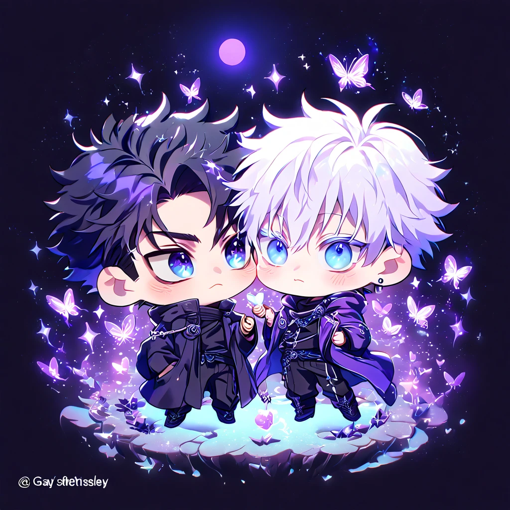 absurdres, highres, ultra detailed, HDR, master piece, best quality, Gojou Satoru chibi, white hair, expressive blue eyes, white eyelashes, Jujutsu Kaisen, Wriothesley chibi, black hair, expressive blue eyes, two boys together, yaoi, gay couple, cute, black coat, dark purple coat, fantasy, magical, sparkling, shining, purple lightning, floating round lights, starry sky, void, purple butterflies, purple moon