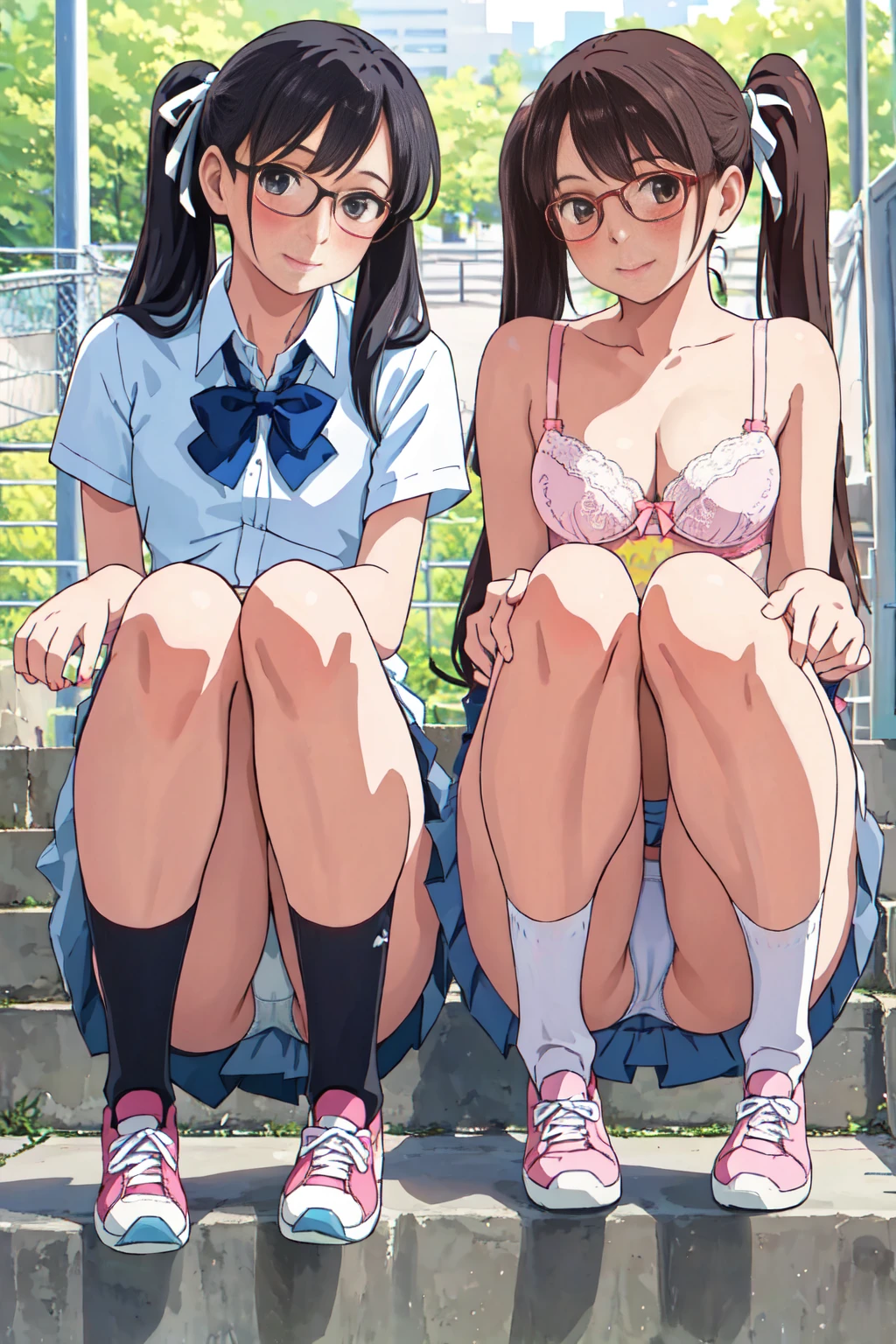 Highest quality, Ultra-high resolution, (Realistic: )2D official style cel animation,((2Girls sitting in a row))high school girl、Twin tails、ponytail、White Big Ribbon、Glasses、Blue Check Mini Skirt,Summer Shirts,Unbutton、(Lace panties、Lace bra),loose socks,sneakers,Full body portrait,(From below),Station stairs,sunny,Spread your legs、from the front、blush、