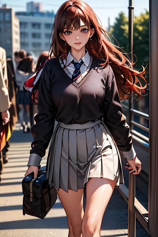 ((Highest quality)),(超High resolution),(Very detailed),(Detailed Description),((The best CG)),(masterpiece),Ultra-detailed art、(Highest quality、8k、32K、masterpiece)、(Realistic)、(Realistic:1.2)、(High resolution)、Very detailed、Very beautiful face and eyes、1 female、Tight waist、Delicate body、(Highest quality、Attention to detail、Rich skin detail)、(Highest quality、8k、Oil paints:1.2)、Very detailed、(Realistic、Realistic:1.37)、Bright coloredium length hair with loose waves、The bangs are straight and fall on the forehead、Red hair))、 Light skin tone、Smooth and healthy skin、
""tops:
Heavyweight navy cashmere blend sweater:1.3(V-neck)
White long-sleeved flannel shirt Navy and red striped tie Bottoms:
Grey wool pleated skirt(Knee-length)
Tights Accessories:
Pearl earrings, slim bracelet, plaid wool scarf, shoes:
Leather ankle boot detail:
Red lines on sweater cuffs and hem, embroidered background on shirt collar: School corridor、((Commuting to school:1.6))、Or winter nature scenery""