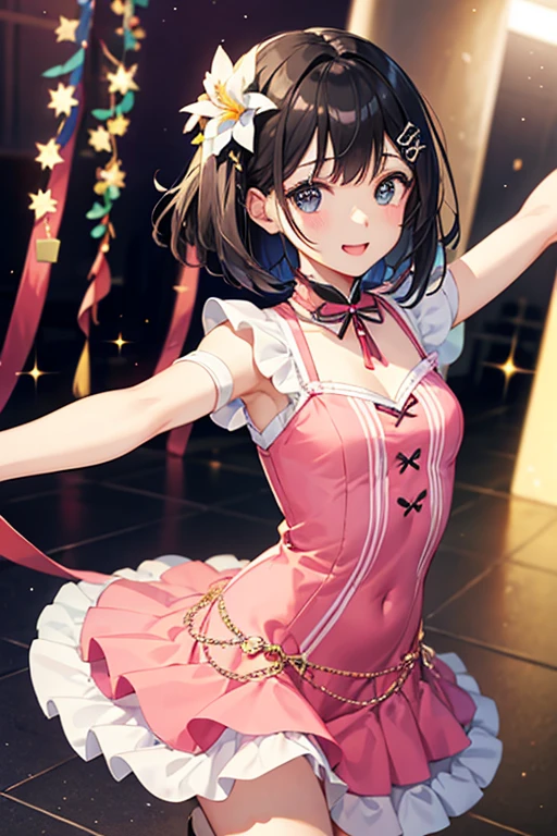 Highest quality、Black Hair、Iris、short hair、girl、cute、、、Small hair ornament、1 person、フラdance、フラdance衣装、Hawaii、dance、A happy look、