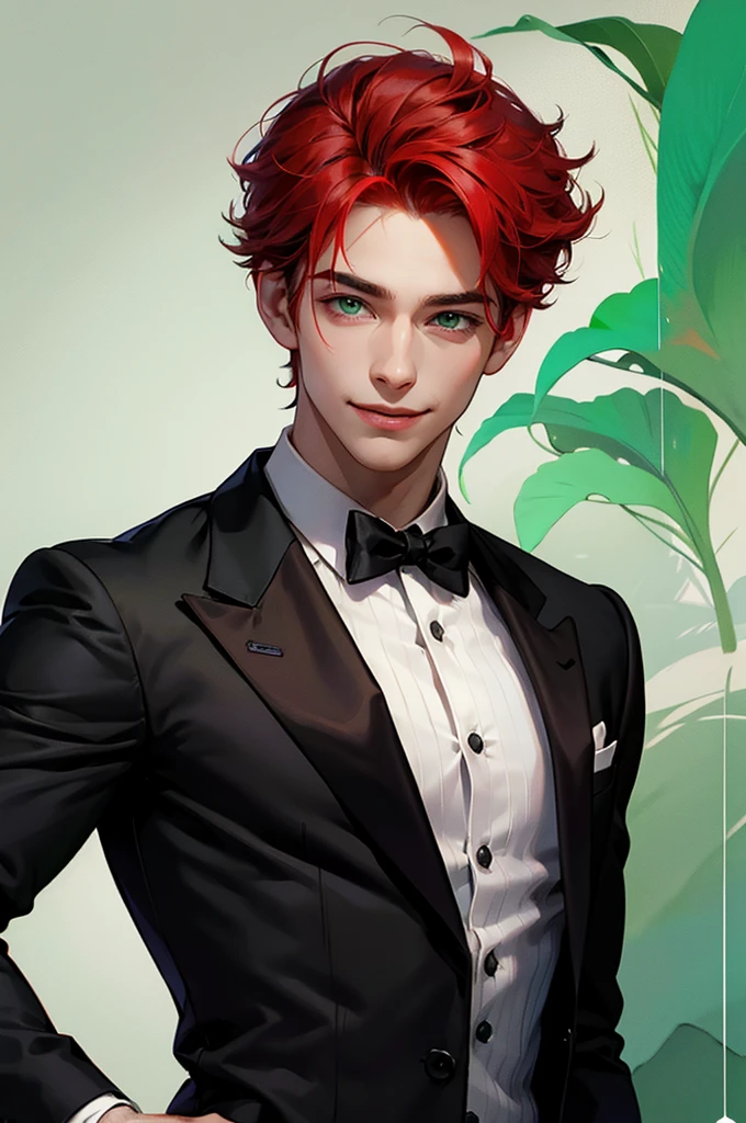 handsome, attractive and cute boy with red hair and green eyes smiling and wearing black suit