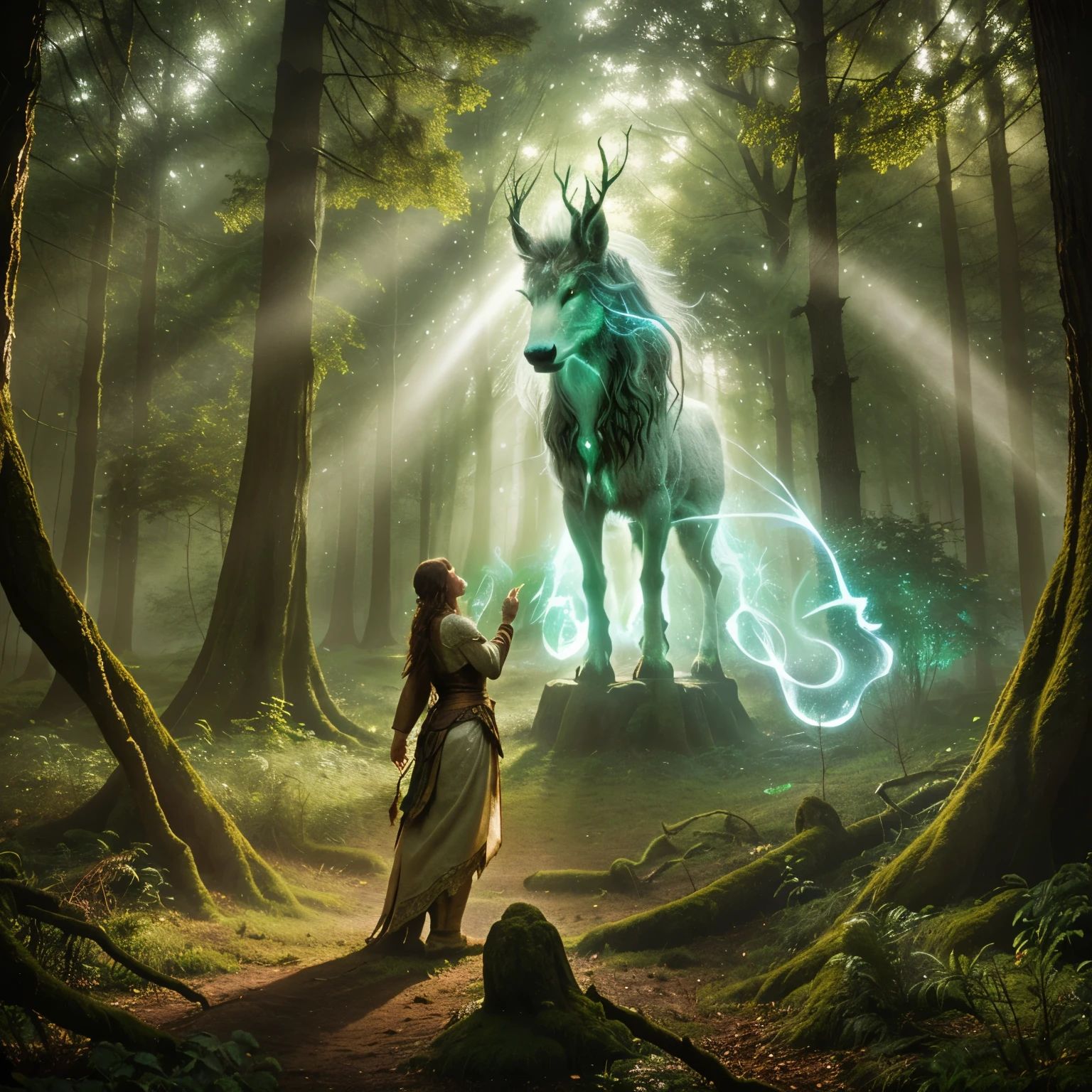 In the heart of an enchanted forest, a druid conjures an ancient spirit beast from the mists, illuminated by ethereal light.