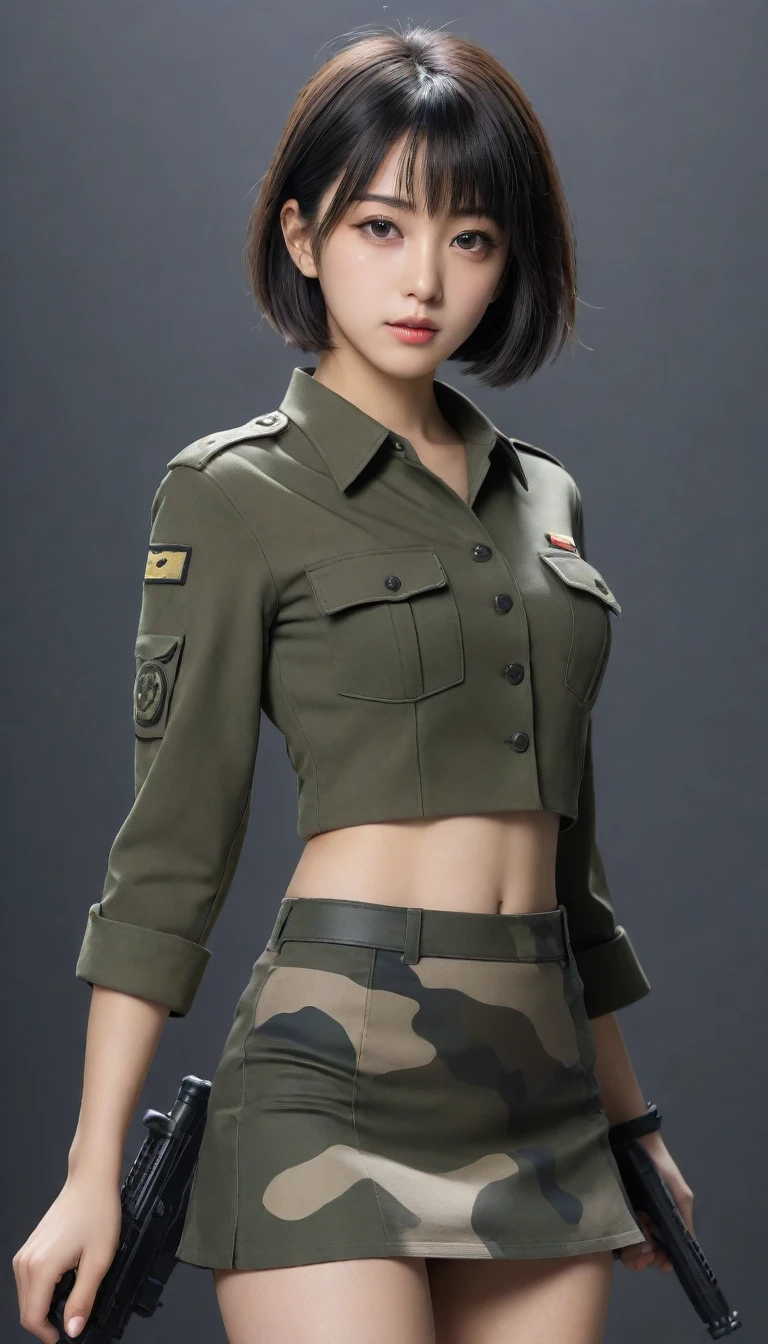 A 14 year old beautiful slim girl, short hair, tomboy hairstyle, breasts can be seen, wearing military suit, fighting.