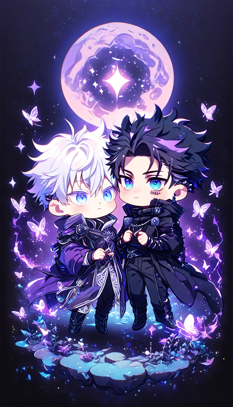 absurdres, highres, ultra detailed, HDR, master piece, best quality, Gojou Satoru chibi, white hair, expressive blue eyes, white eyelashes, Jujutsu Kaisen, Wriothesley chibi, black hair, expressive blue eyes, two boys together, yaoi, gay couple, cute, black coat, dark purple coat, fantasy, magical, sparkling, shining, purple lightning, floating round lights, starry sky, void, purple butterflies, purple moon