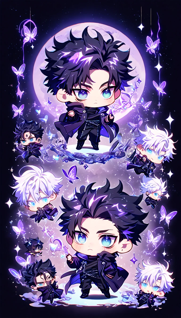 absurdres, highres, ultra detailed, HDR, master piece, best quality, Gojou Satoru chibi, white hair, expressive blue eyes, white eyelashes, Jujutsu Kaisen, Wriothesley chibi, black hair, expressive blue eyes, two boys together, yaoi, gay couple, cute, black coat, dark purple coat, fantasy, magical, sparkling, shining, purple lightning, floating round lights, starry sky, void, purple butterflies, purple moon