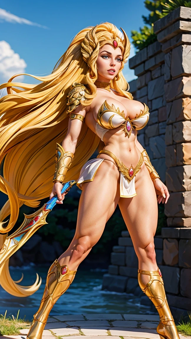 8K, ultra HD, Super details, high quality, High resolution. The heroine She-Ra looks beautiful in full body photo, her body is sculptural, Her long, wavy blonde hair is radiant in perfect combination with her white skin.. she is very sexy, drawing attention to her large breasts and thick legs .