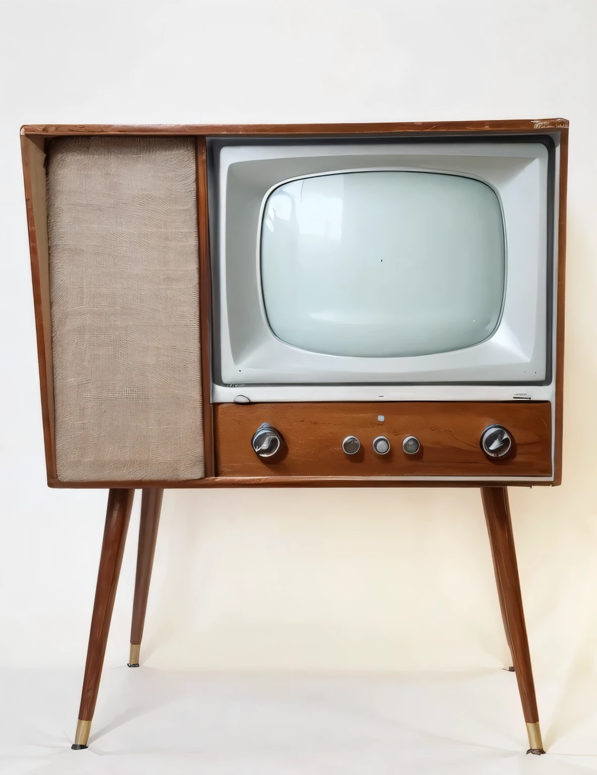 
et in a retro style room, retro 50s TV front, green screen, with a cup of coffee on the side and video game posters behind, orange green and brown colors, girl with short cut hair, realistic