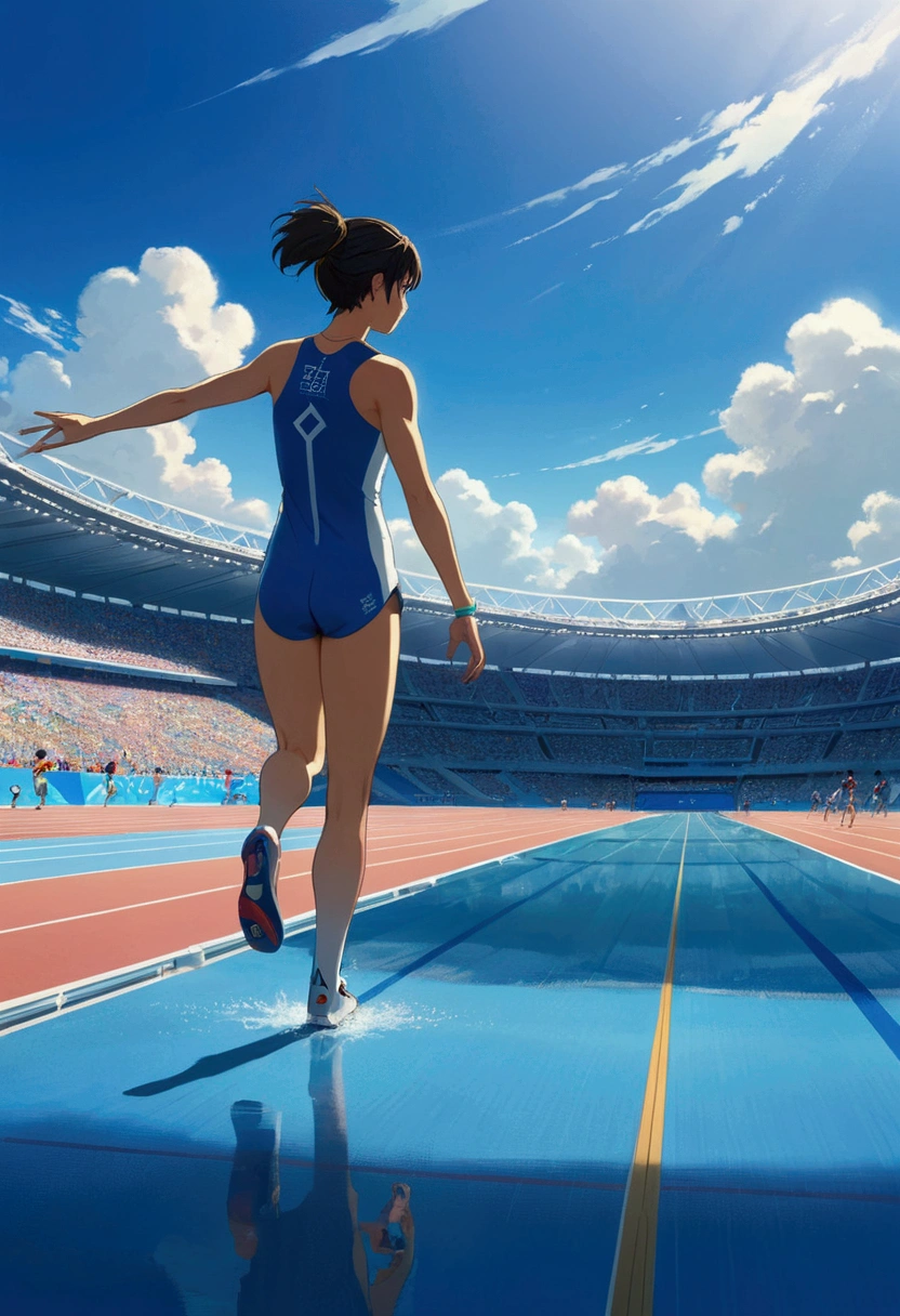 Olympic Games, Athletes in the competition, full body, by Makoto Shinkai and Makoto Niitsu style, cinematic still, (best quality, masterpiece, photorealistic), very aesthetic, perfect composition, intricate details, ultra-detailed, vivid colors