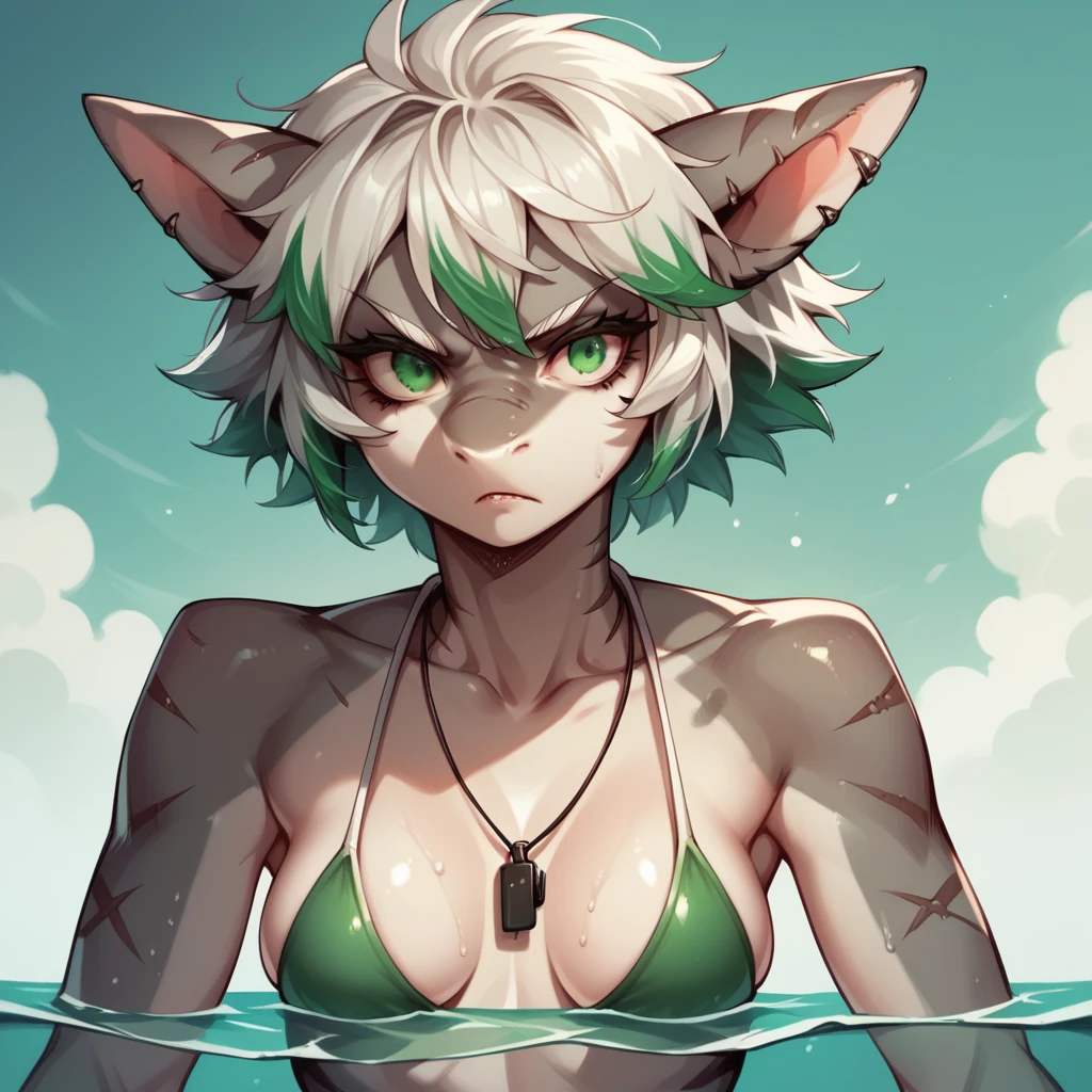  Score_9, score_8, score_7, source_anime, Anthro, jade,  Anthro shark girl, grey skin, short and slender body,  white hair with green ends, green eyes, whistle necklace, wearing red bathing suit, swimming through the ocean, dynamic action, serious expression, front view, swimming very fast 