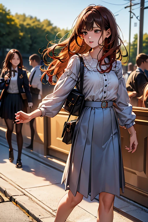 ((Highest quality)),(超High resolution),(Very detailed),(Detailed Description),((The best CG)),(masterpiece),Ultra-detailed art、(Highest quality、8k、32K、masterpiece)、(Realistic)、(Realistic:1.2)、(High resolution)、Very detailed、Very beautiful face and eyes、1 female、Tight waist、Delicate body、(Highest quality、Attention to detail、Rich skin detail)、(Highest quality、8k、Oil paints:1.2)、Very detailed、(Realistic、Realistic:1.37)、Bright coloredium length hair with loose waves、The bangs are straight and fall on the forehead、Red hair))、 Light skin tone、Smooth and healthy skin、
""tops:
White blouse(With ruffles)
Light blue jacket(Single Button)
Bottoms:
Light blue skirt(Flare、Knee-length)
accessories:
Gold pendant thin gold bracelet shoes:
Black ballet shoe detail:
Small embroidered blouse ruffles on jacket pocket with lace border background: School corridor、((Commuting to school:1.6))、Or summer nature scenery""