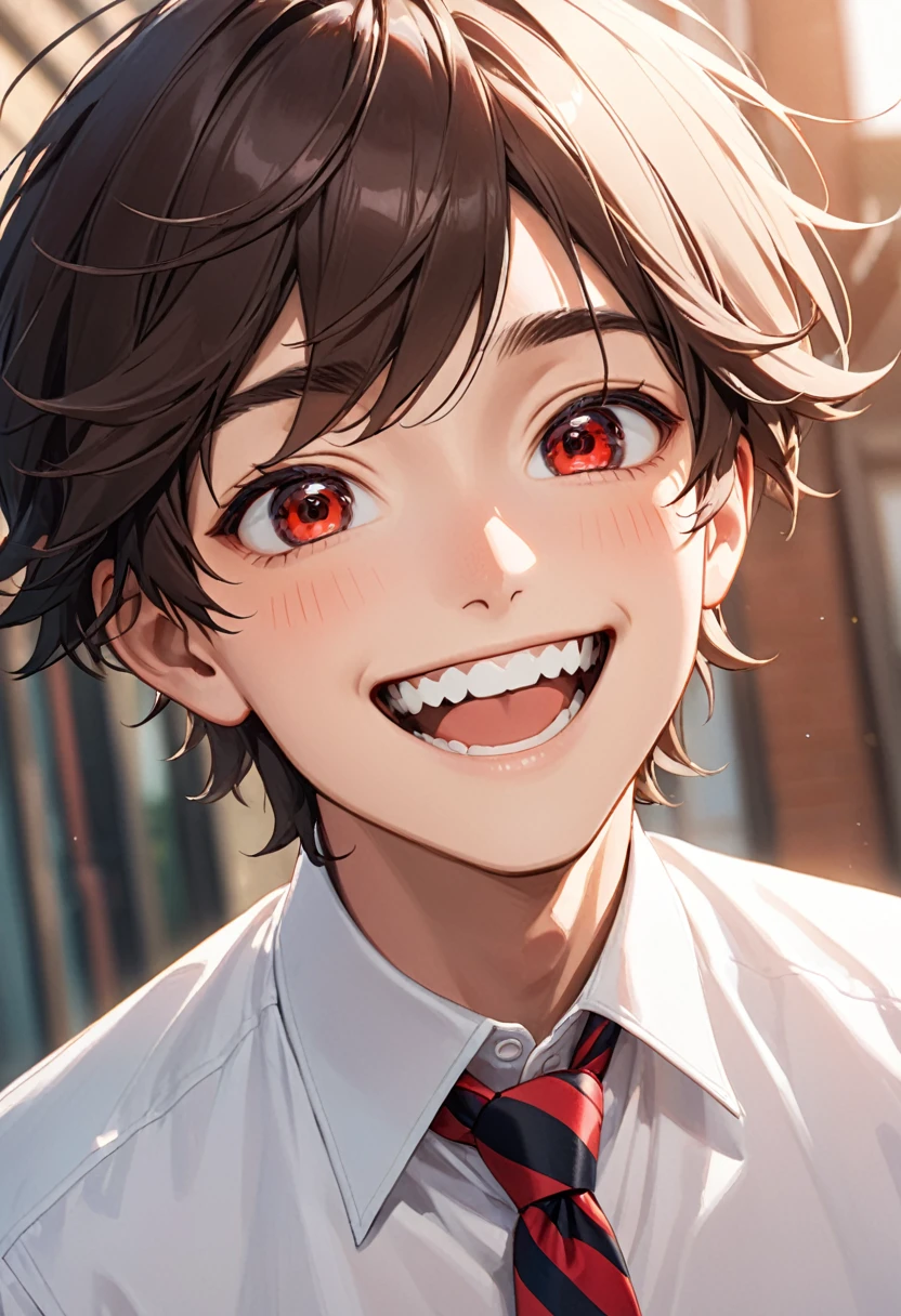 a guy, short dark brown hair, red eyes, buck teeth, wearing a white shirt and red striped tie, smiling happily.