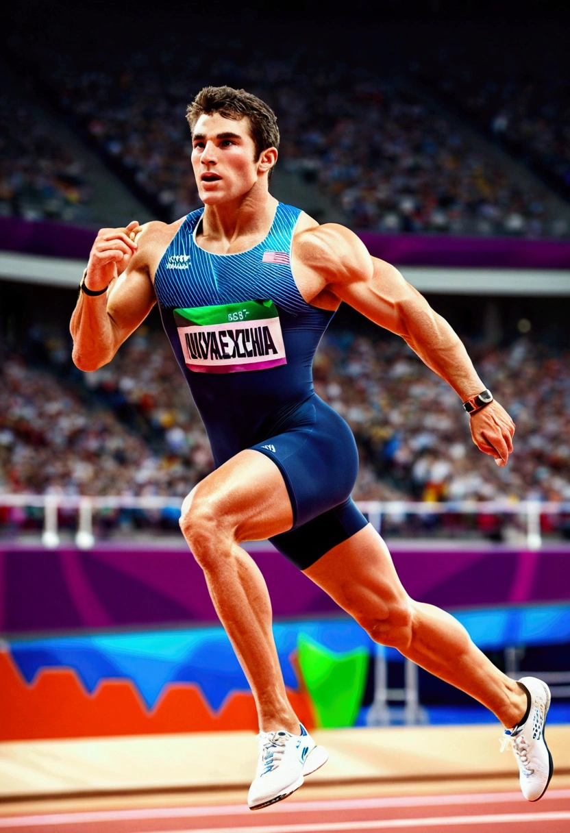 photo of a man, participating in the olympic games, action shot, sweaty, exhausted, muscular, spot light, realistic, best quality, detailed background, depth of field, intricate details