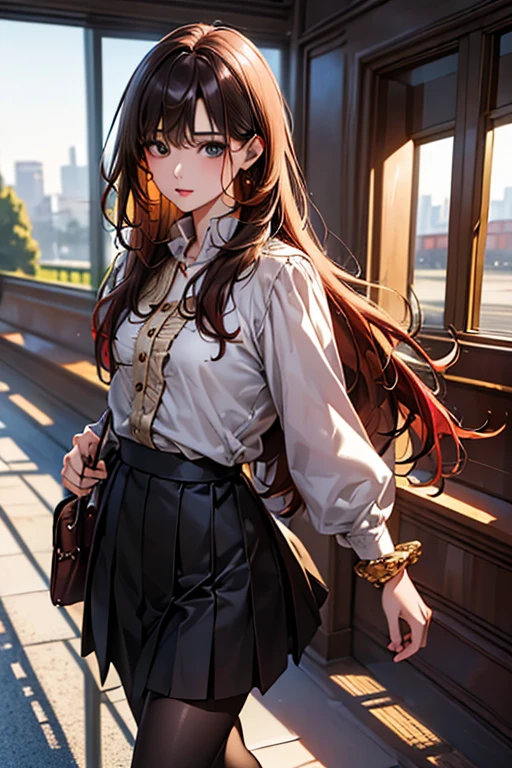 ((Highest quality)),(超High resolution),(Very detailed),(Detailed Description),((The best CG)),(masterpiece),Ultra-detailed art、(Highest quality、8k、32K、masterpiece)、(Realistic)、(Realistic:1.2)、(High resolution)、Very detailed、Very beautiful face and eyes、1 female、Tight waist、Delicate body、(Highest quality、Attention to detail、Rich skin detail)、(Highest quality、8k、Oil paints:1.2)、Very detailed、(Realistic、Realistic:1.37)、Bright coloredium length hair with loose waves、The bangs are straight and fall on the forehead、Red hair))、 Light skin tone、Smooth and healthy skin、
""tops:
Long sleeve thick silk blouse(With ruffles)
Long wool blend coat(Single Button)
Bottoms:
Wool skirt(Flare、Knee-length)
Thick tights accessories:
Gold pendants, thin gold bracelets, cashmere shawls, shoes:
Leather long boot detail:
Small embroidered blouse ruffles on jacket pocket with lace border background: School corridor、((Commuting to school:1.6))、Or winter nature scenery""