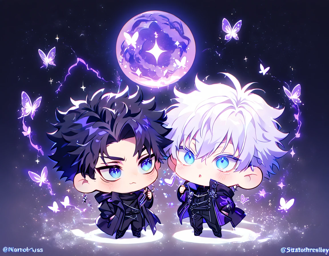 absurdres, highres, ultra detailed, HDR, master piece, best quality, Gojou Satoru chibi, white hair, expressive blue eyes, white eyelashes, Jujutsu Kaisen, Wriothesley chibi, black hair, expressive blue eyes, two boys together, yaoi, gay couple, cute, black coat, dark purple coat, fantasy, magical, sparkling, shining, purple lightning, floating round lights, starry sky, void, purple butterflies, purple moon