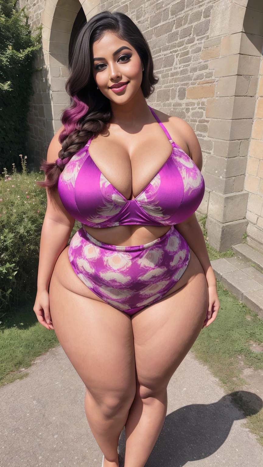 gorgeous curvy plus size Indian bengali actress ritavori , glowing eyes, wearing SHEIN Sensorimotor Kids Girls' Printed Halter One-Piece Swimsuit For Holiday , covered Bust, parted lips, blushing cheeks, thick thighs, bigger waist, busty, curvy plus size body, full body, full body shot, head to toe view, smoothning burgendy color hair with pfrench braid hairstyle, hourglass body, curvy plus size body, smile face, bigger waist, busty, big hips, fleshy thighs, thick thighs, busty, full body view, Mont Saint-Michel, France: Island commune with a stunning abbey and medieval architecture