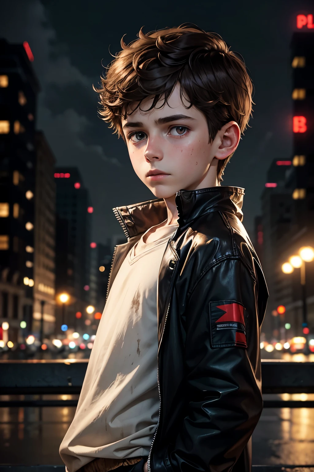 portrait of a pale european 10 yo boy with dark brown hair and brown eyes. he is pale. he looks cautious. he's wearing dirty clothes. night city background.