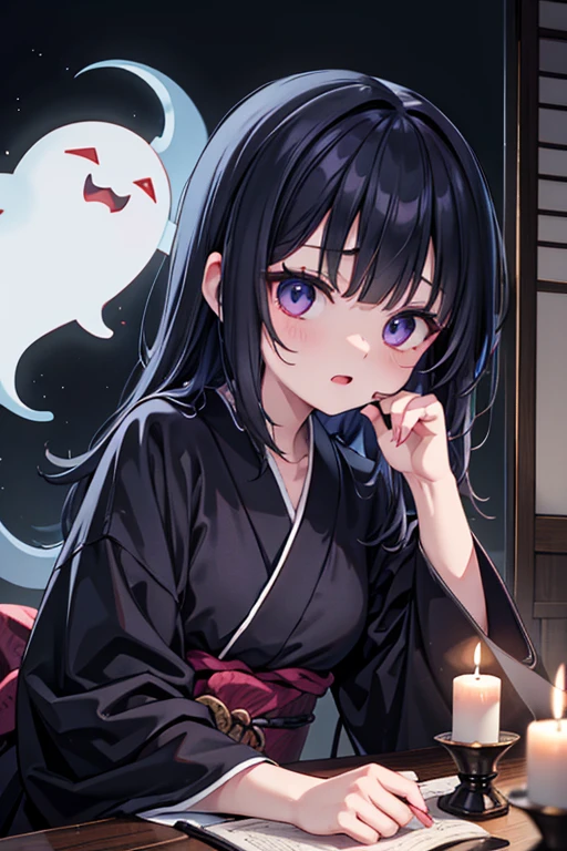 horror anime style, super fine illustration, masterpiece,best quality,highly detailed, dynamic angle, beautiful detailed, 8k, On a summer night, in Japanese-style room,scary ghost is having a feast. BREAK she talk about ghost stories around candles, having a horror time.Break kimono,score up_9,break psychic,trauma,scary ghost face,Break black cat,Spooky Shadow,Break Midnight,realistic,White Face