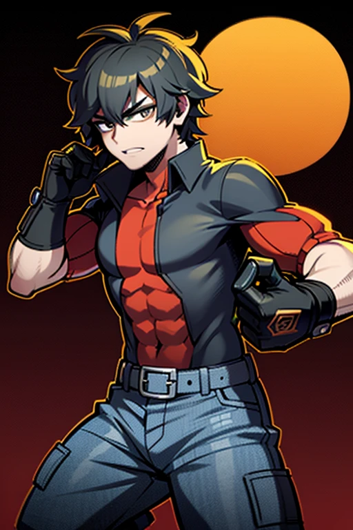 ((illustration)), (best quality)), ((masterpiece)), (detailed), ((night)), ager, solo, 1boy, male focus, black trench coat, short hair, black hair, spiky hair, jeans, rubber shoes, cityscape, lineart, thick lines, itadori, itadori_yuuji, hair bangs, muscular, turtleneck