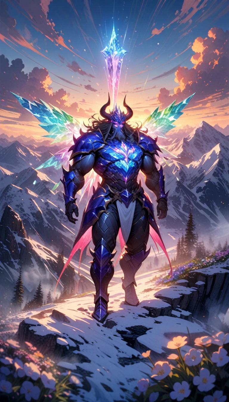 ((best quality)) , ((masterpiece)) , (detailed),horns, giant, glowing, glowing eyes, beard, male focus, 1boy, helmet, holding, facial hair, fur trim, teeth, muscular,((full body)),(((gorgeous crystal armor))),(((crystal wings))),((altocumulus)),(clear_sky),(snow mountain),((flowery flowers)),(flowery bubbles),cloud map plane, crystal, crystal poppies,Brilliant light, thick_coating, glass tint,(watercolor)