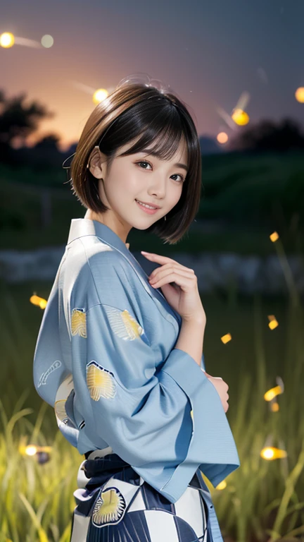 masterpiece, Highest quality, RAW Photos, Ultra-high resolution, Realistic, (,From the side, Baby Face, Cute Face, Perfect body, The waist is slim、The body is rich, Thin legs,), Realistic Skin, Angle from below), ((Japanese light blue yukata))、Long sleeves、Blue flower pattern、A rural grassland、stream、((Night Sky))、(((Fireflies on your fingertips)))、 Round face, Black Hair, Cute Smile, Shining Eyes, Short Bob Cut, bangs, A slight blush, (View your audience, stretch), Natural light, full length