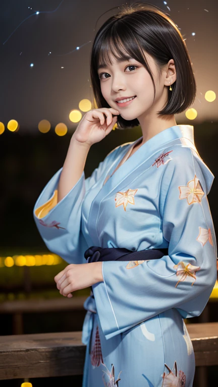 masterpiece, Highest quality, RAW Photos, Ultra-high resolution, Realistic, (16 years old,From the side, Baby Face, Cute Face, Perfect body, The waist is slim、The body is rich, Thin legs,), Realistic Skin, Angle from below), ((Japanese light blue yukata))、Long sleeves、Blue flower pattern、A rural grassland、stream、((Night Sky))、(((Fireflies on your fingertips)))、 Round face, Black Hair, Cute Smile, Shining Eyes, Short Bob Cut, bangs, A slight blush, (View your audience, stretch), Natural light, full length