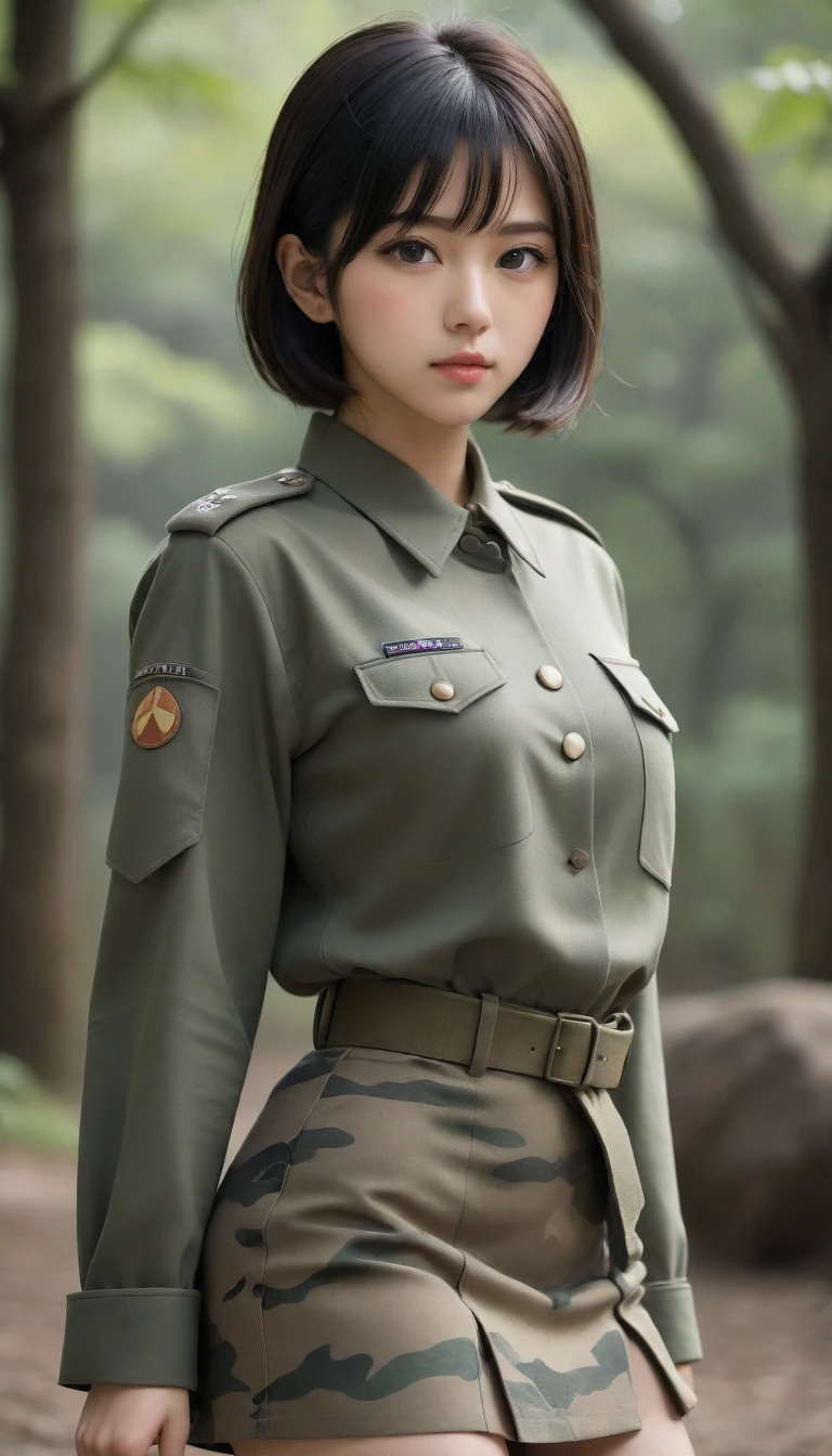 8k, Ultra-high resolution, Highest quality, masterpiece, 三分割法によるphotograph,Surreal, photograph, 1 Girl, (16 years old:1.3), pretty girl, Cute Face, Beautiful eyes in every detail, 細かくdetailedに,masterpiece,One Girl:1.2,Japanese female soldier,full body,furious,Black short hair,Bob with bangs, (camouflage clothing:1.3),Pencil Skirt,Military clothing,Sharp contours,Looking down, (Dirty Face:1.3),battlefield, Light from above, Low contrast, (Side view),, Perfect and beautiful face ,完璧でCute Face, Skin with attention to detail, Perfect limbs、Narrow waist,Looking at the audience,(((Ideal body type))),A cup small breasts :2,Portraiture:2,Perfect Anatomy,鮮明なdetailed,detailed,Surreal,Light and shadow,darkness
