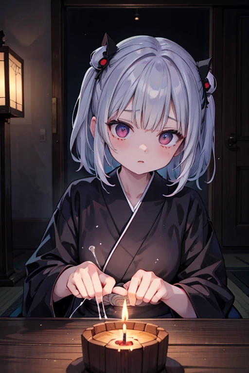 horror anime style, super fine illustration, masterpiece,best quality,highly detailed, dynamic angle, beautiful detailed, 8k, On a summer night, in Japanese-style room,scary ghost is having a feast. BREAK she talk about ghost stories around candles, having a horror time.Break kimono,score up_9,break psychic,trauma,scary ghost face,Break black cat,Spooky Shadow,Break Midnight,realistic,White Face,Vengeful spirit