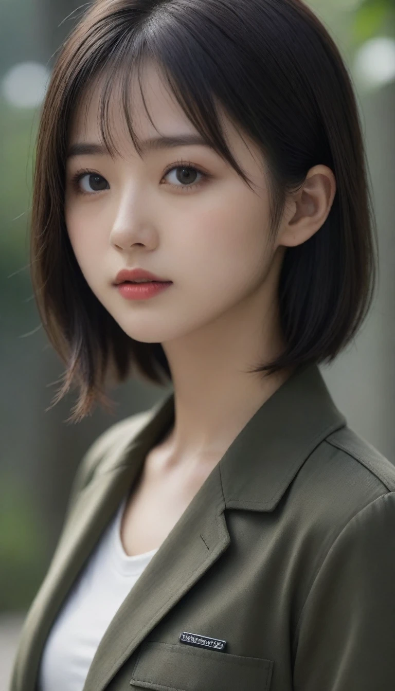 8k, Ultra-high resolution, Highest quality, masterpiece, 三分割法によるphotograph,Surreal, photograph, 1 Girl, (:1.3), pretty girl, Cute Face, Beautiful eyes in every detail, 細かくdetailedに,masterpiece,One Girl:1.2,Japanese female soldier,full body,furious,Black short hair,Bob with bangs, (camouflage clothing:1.3),Pencil Skirt,Military clothing,Sharp contours,Looking down, (Dirty Face:1.3),battlefield, Light from above, Low contrast, (Side view),, Perfect and beautiful face ,完璧でCute Face, Skin with attention to detail, Perfect limbs、Narrow waist,Looking at the audience,(((Ideal body type))),A cup small breasts :2,Portraiture:2,Perfect Anatomy,鮮明なdetailed,detailed,Surreal,Light and shadow,darkness