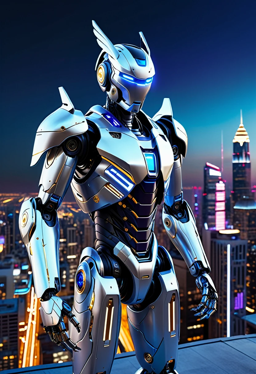 An advanced humanoid robot with a sleek silver exterior, blue and white lighting, and gold accents, standing confidently on a futuristic city rooftop. The robot's design is modern, sophisticated, and imposing, featuring a helmet with blue illuminated eyes and highly detailed hands with hand claws that emit blue light. The robot also has large wings that contribute to its imposing presence. The urban backdrop is vibrant with blue and purple neon lights, showcasing an advanced and clean technological environment. The setting is a high-tech metropolis at night, with sleek buildings and flying vehicles. Full-body view, showing the robot from head to toe, standing on the rooftop. The scene includes drones flying by, digital billboards, and a skyline filled with towering structures.