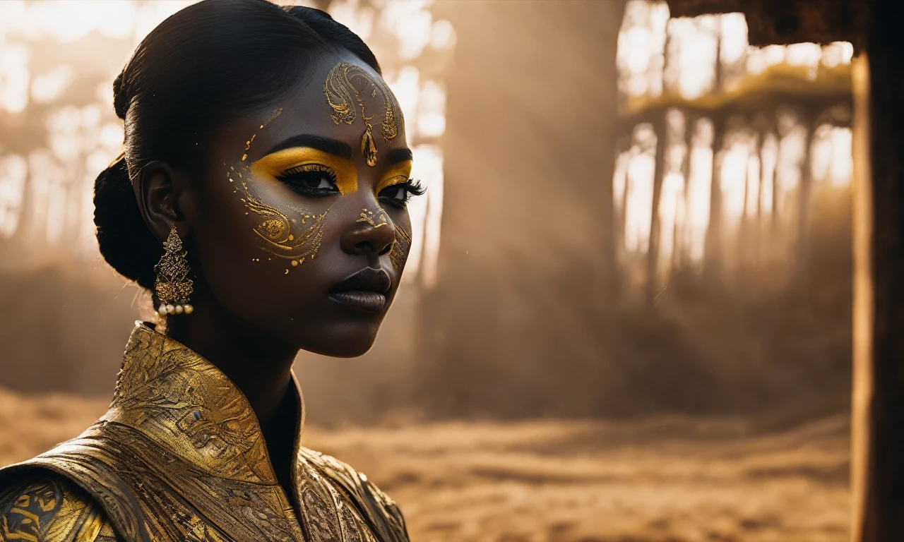 (film grain),ultrarealistic 4k,photoart_style,(yellow and black, vivid, minimalist, beautiful black face, golden make-up,side view profile),realistic, Wide angle lens, high contrast, dark black tone,Cinematic Lighting, movie-level texture, hand-painted details, epic, meticulous,perfect composition, dynamic play of light, rich colors, epic shot, perfectly quality, natural textures,high detail, photoshadow, (natural colors, correct white balance, color correction, dehaze),(intricate detailed)