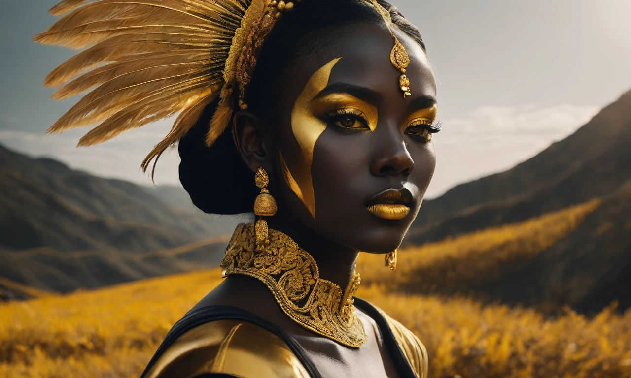 (film grain),ultrarealistic 4k,photoart_style,(yellow and black, vivid, minimalist, beautiful black face, golden make-up,side view profile),realistic, Wide angle lens, high contrast, dark black tone,Cinematic Lighting, movie-level texture, hand-painted details, epic, meticulous,perfect composition, dynamic play of light, rich colors, epic shot, perfectly quality, natural textures,high detail, photoshadow, (natural colors, correct white balance, color correction, dehaze),(intricate detailed)