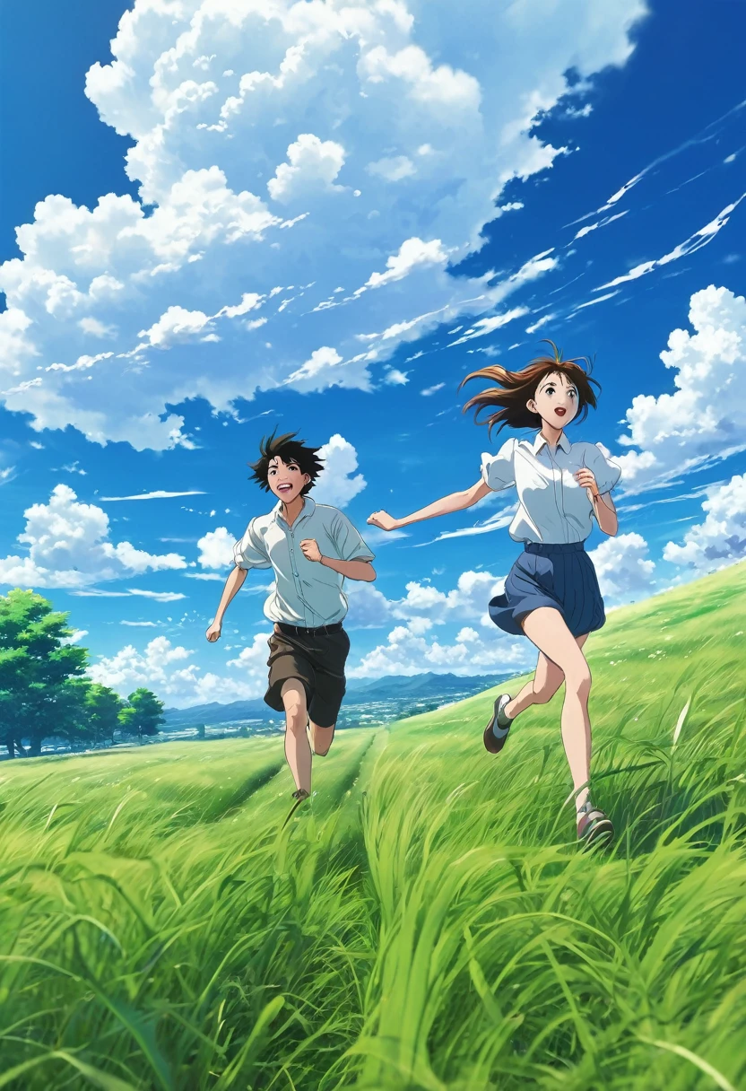 anime couple running in a grass field, creative, realist, white clouds, blue sky, anime landscape, wide picture, wind in motion