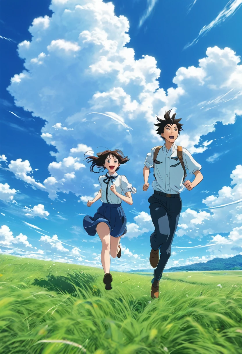 anime couple running in a grass field, creative, realist, white clouds, blue sky, anime landscape, wide picture, wind in motion