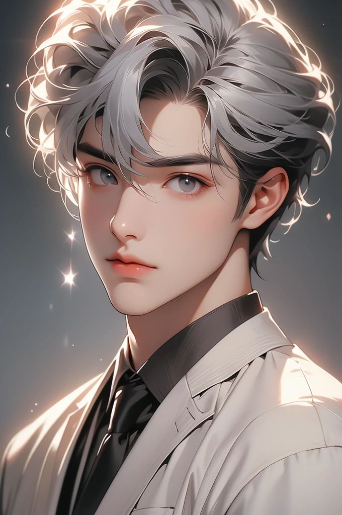 handsome, attractive and very cute boy with gray hair and bright gray eyes, full lips is wearing a simple but elegant black clothes