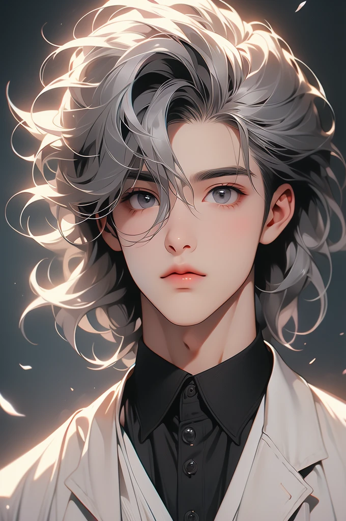 handsome, attractive and very cute boy with gray hair and bright gray eyes, full lips is wearing a simple but elegant black clothes