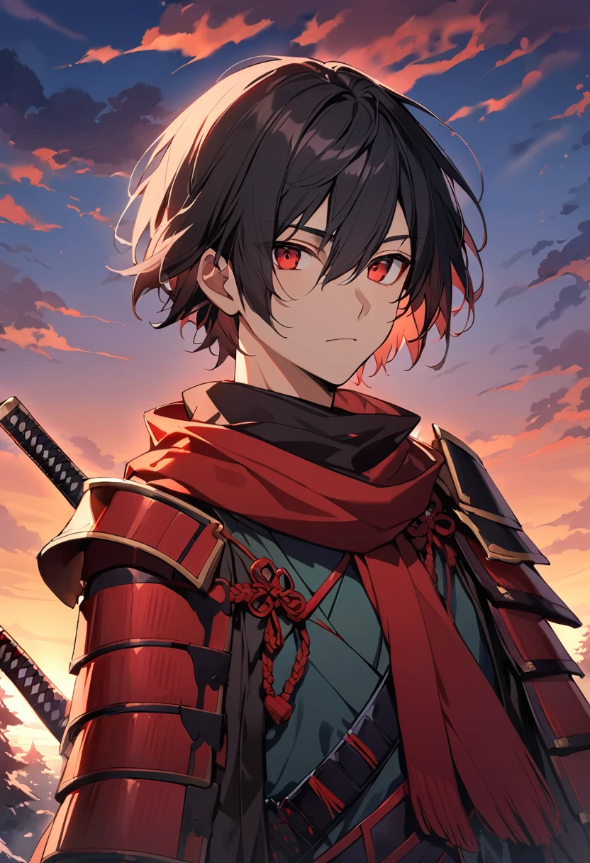 alone, looking at viewer, short hair, bangs, black hair, red eyes, 1boy, hair between eyes, closed mouth, upper body, sword, male focus, red black scarf, outdoors, japanese clothing, sky , sword, cloud, kimono, armor , katana, shoulder armor, scabbard, sunset, sheathed, japanese armor, winter outdoors,