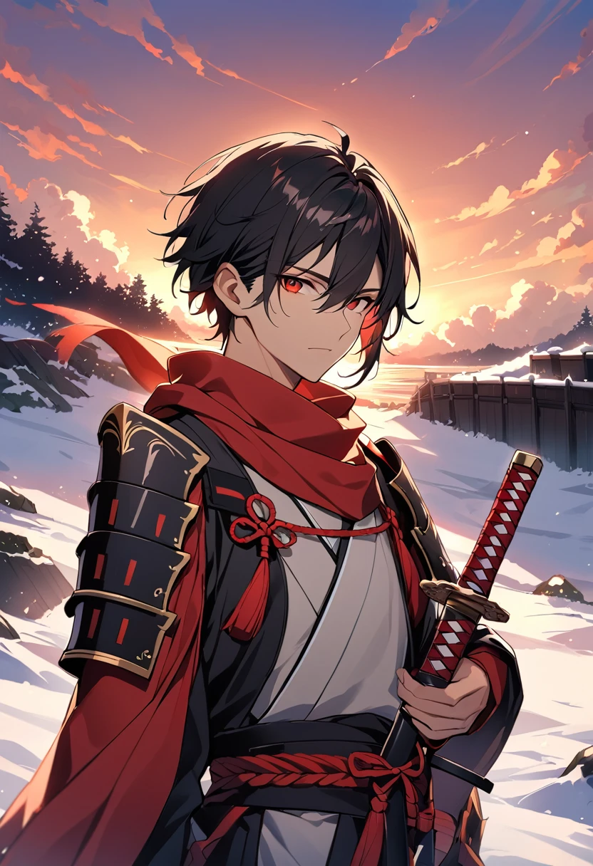 alone, looking at viewer, short hair, bangs, black hair, red eyes, 1boy, hair between eyes, closed mouth, upper body, sword, male focus, red black scarf, outdoors, japanese clothing, sky , sword, cloud, kimono, armor , katana, shoulder armor, scabbard, sunset, sheathed, japanese armor, winter outdoors,