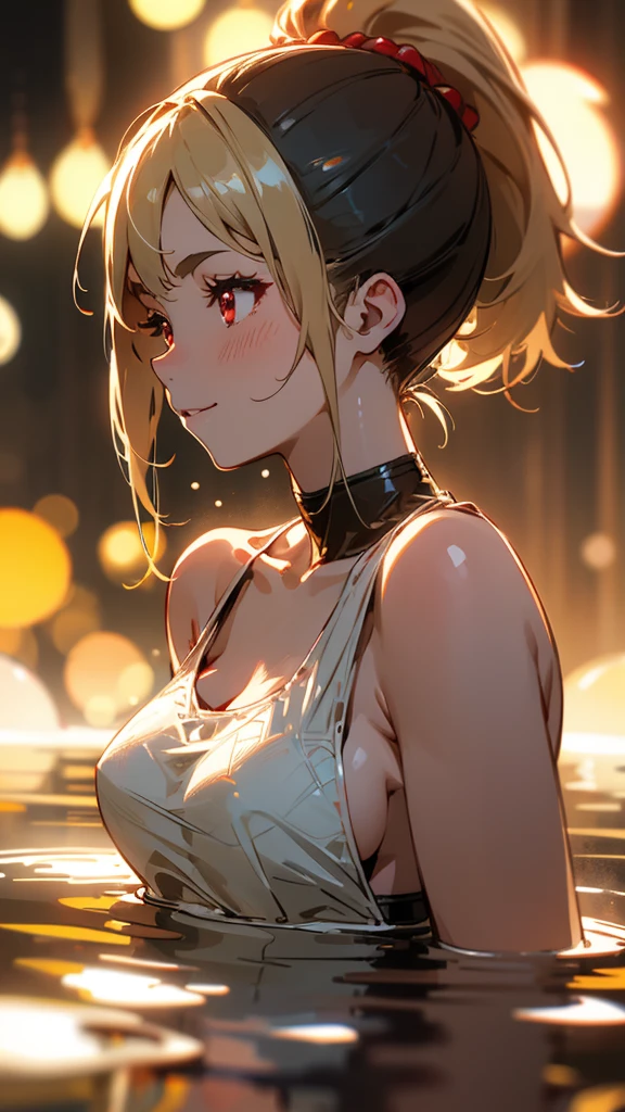 1 girl、8k、Sharp focus、(Bokeh) (Highest quality) (Detailed skin:1.3) (Intricate details) (anime)、blonde、ponytail、Round red eyes、Expose your shoulders、Glowing Skin、Tube top bra、profile、Upper body close-up、smile、hot spring