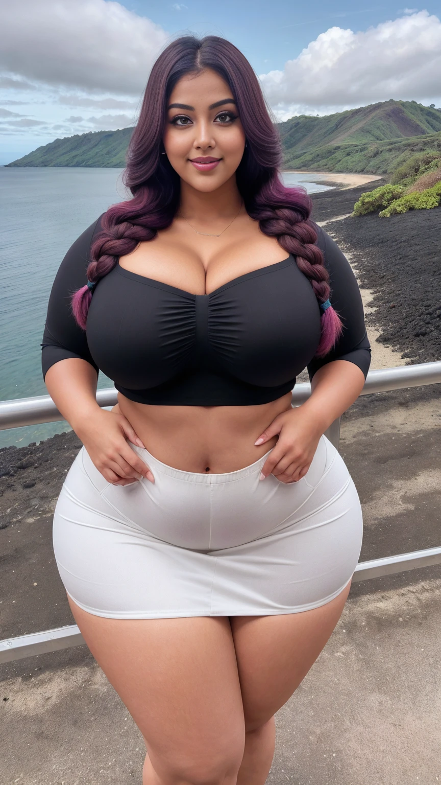 gorgeous curvy plus size Indian bengali actress ritavori , glowing eyes, wearing Girl Wide Waistband Phone Pocket Detail Skirt
Color: White
, covered Bust, parted lips, blushing cheeks, thick thighs, bigger waist, busty, curvy plus size body, full body, full body shot, head to toe view, smoothning burgendy color hair with pfrench braid hairstyle, hourglass body, curvy plus size body, smile face, bigger waist, busty, big hips, fleshy thighs, thick thighs, busty, full body view, Galápagos Islands, Ecuador: Unique wildlife and stunning volcanic landscapes