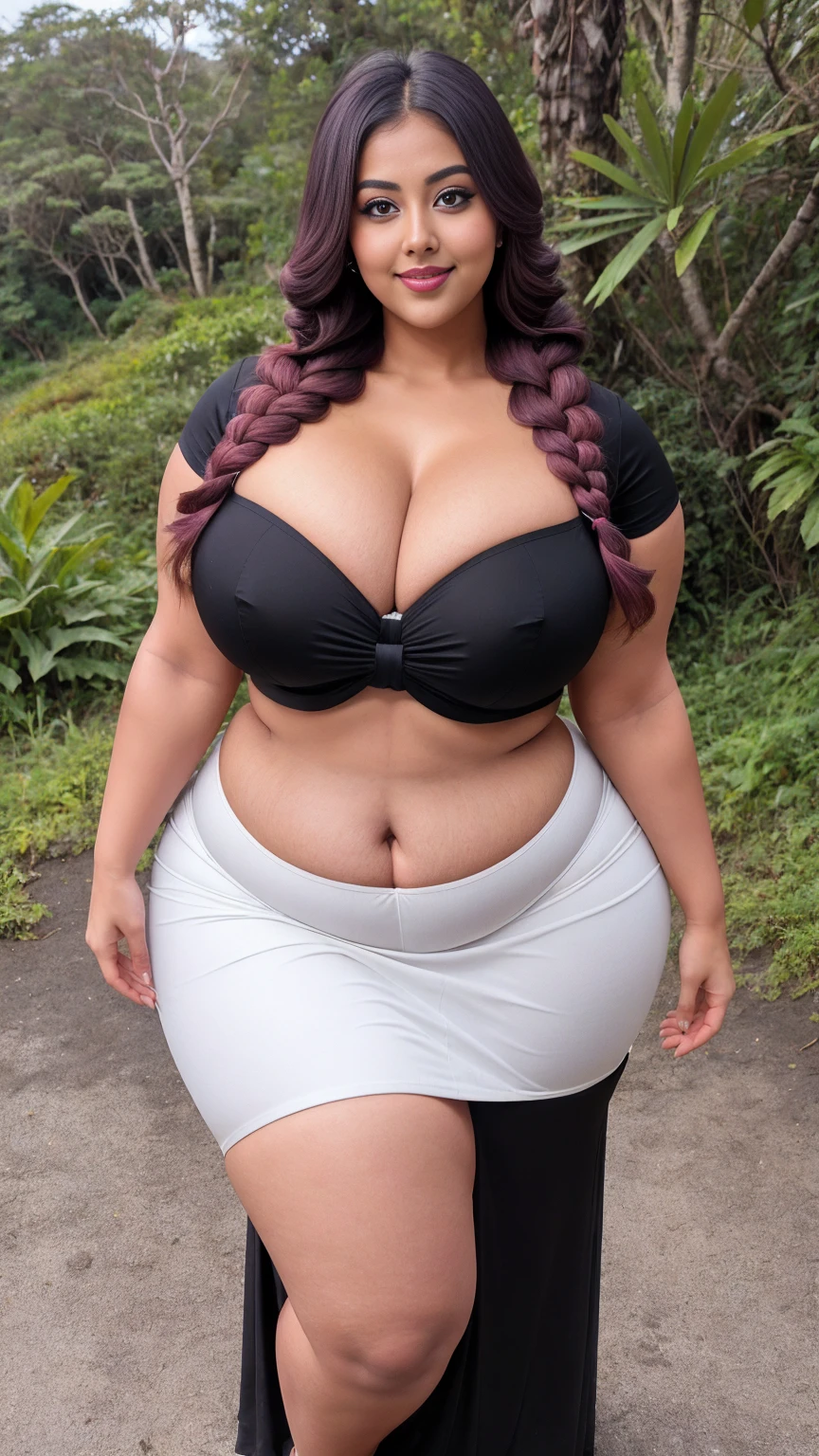 gorgeous curvy plus size Indian bengali actress ritavori , glowing eyes, wearing Girl Wide Waistband Phone Pocket Detail Skirt Color: White , covered Bust, parted lips, blushing cheeks, thick thighs, bigger waist, busty, curvy plus size body, full body, full body shot, head to toe view, smoothning burgendy color hair with pfrench braid hairstyle, hourglass body, curvy plus size body, smile face, bigger waist, busty, big hips, fleshy thighs, thick thighs, busty, full body view, Galápagos Islands, Ecuador: Unique wildlife and stunning volcanic landscapes