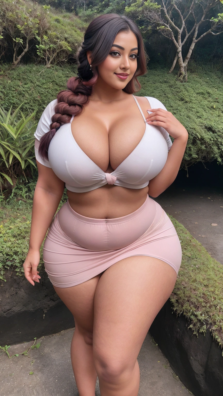 gorgeous curvy plus size Indian bengali actress ritavori , glowing eyes, wearing Girl Wide Waistband Phone Pocket Detail Skirt Color: White , covered Bust, parted lips, blushing cheeks, thick thighs, bigger waist, busty, curvy plus size body, full body, full body shot, head to toe view, smoothning burgendy color hair with pfrench braid hairstyle, hourglass body, curvy plus size body, smile face, bigger waist, busty, big hips, fleshy thighs, thick thighs, busty, full body view, Galápagos Islands, Ecuador: Unique wildlife and stunning volcanic landscapes