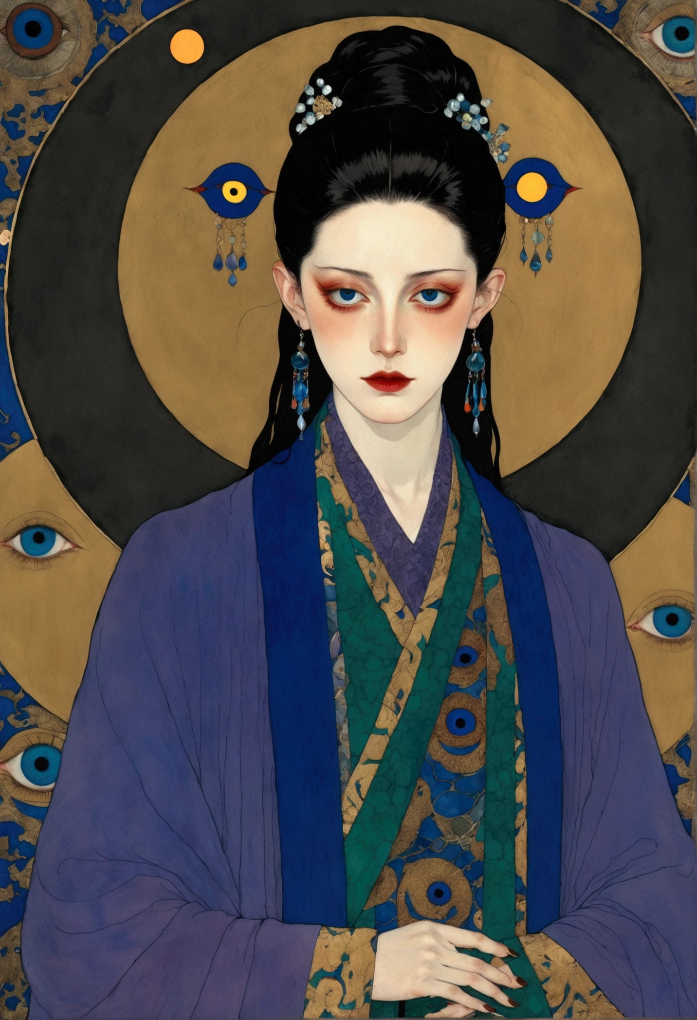 The art of math,Digital Illustration,Drawing,Decorative paintings,Watercolor,(((Harry Clark (Harry Clarke) style,圣地亚哥·卡鲁索style))),Simple,clean,Fine painting style,(((The third eye on the forehead。short hair,Pointed ears,robe))),Wide Angle,Black and blue,Solid color background,Human anatomy is correct