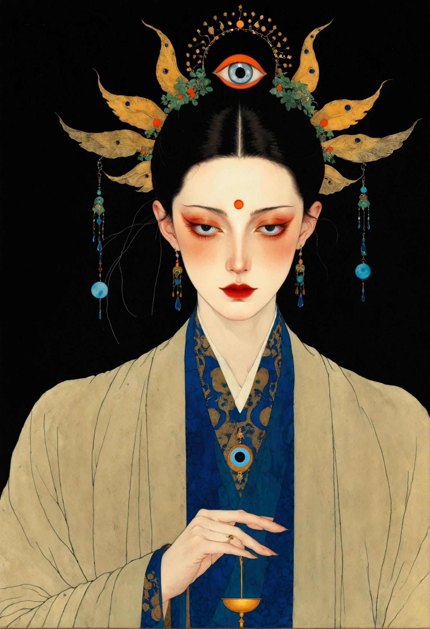 The art of math,Digital Illustration,Drawing,Decorative paintings,Watercolor,(((Harry Clark (Harry Clarke) style,圣地亚哥·卡鲁索style))),Simple,clean,Fine painting style,(((The third eye on the forehead。short hair,Pointed ears,robe))),Wide Angle,Black and blue,Solid color background,Human anatomy is correct