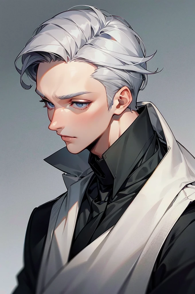 handsome, attractive and very cute boy with gray hair and bright gray eyes, full lips is wearing a simple but elegant black clothes