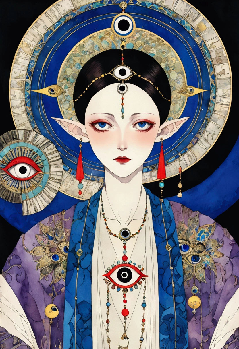 The art of math,Digital Illustration,Drawing,Decorative paintings,Watercolor,(((Harry Clark (Harry Clarke) style,圣地亚哥·卡鲁索style))),Simple,clean,Fine painting style,(((The third eye on the forehead。short hair,Pointed ears,robe))),Wide Angle,Black and blue,Solid color background,Human anatomy is correct