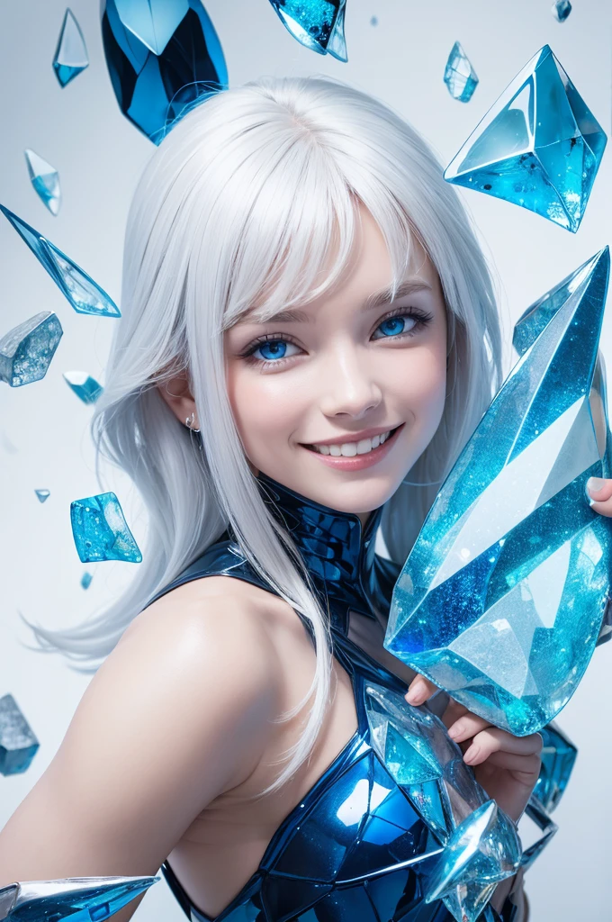 White background with blue glass shards, and a big shard of glass with a smile 