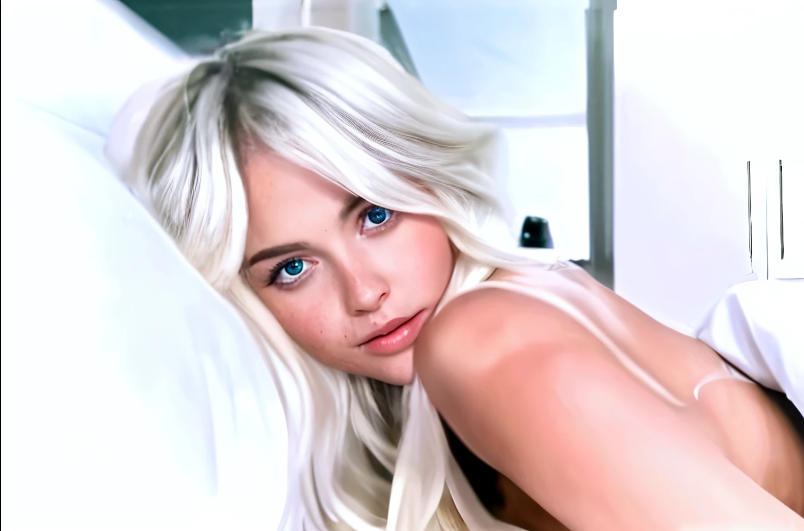 photorealism. A stylish close-up photo that captures the charm of the sun goddess kneeling in bed and her snow-white hair. Polish supermodel, botox on her lips, 25 years old, medium very firm breasts, young and innocent face, European youth, perfect body, perfect body, open (thin, perfect body, small) in wet underwear